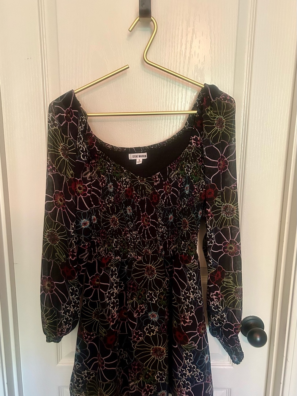 Steve Madden Black Floral Long-Sleeve Smocked Dress